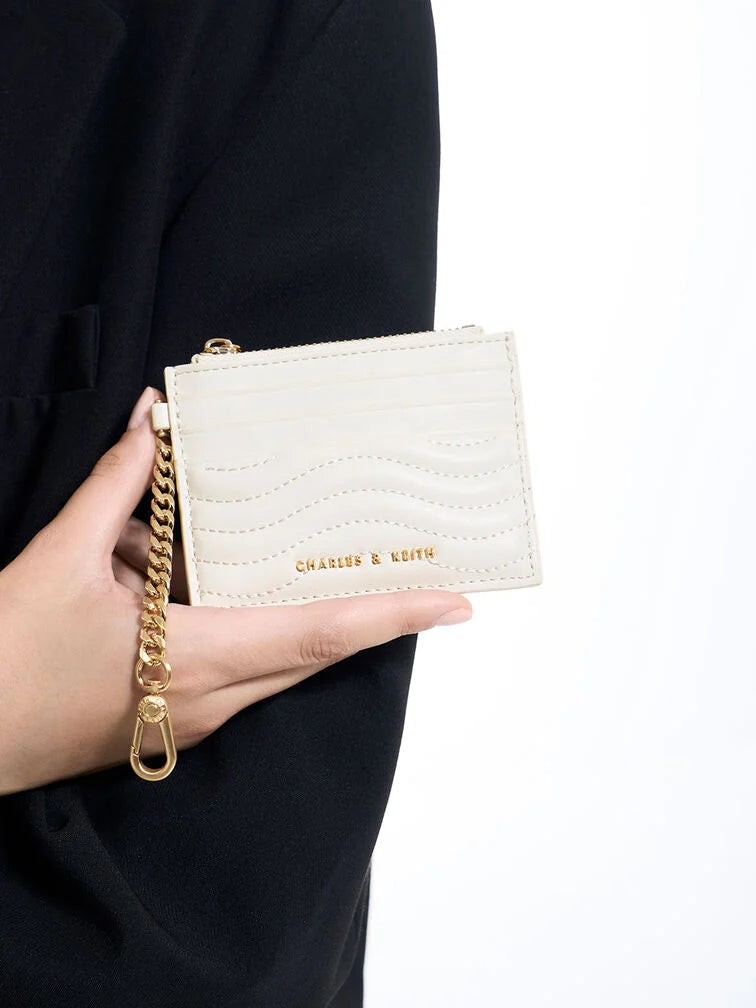 Aubrielle Stitch-Trim Zip Card Holder - Cream