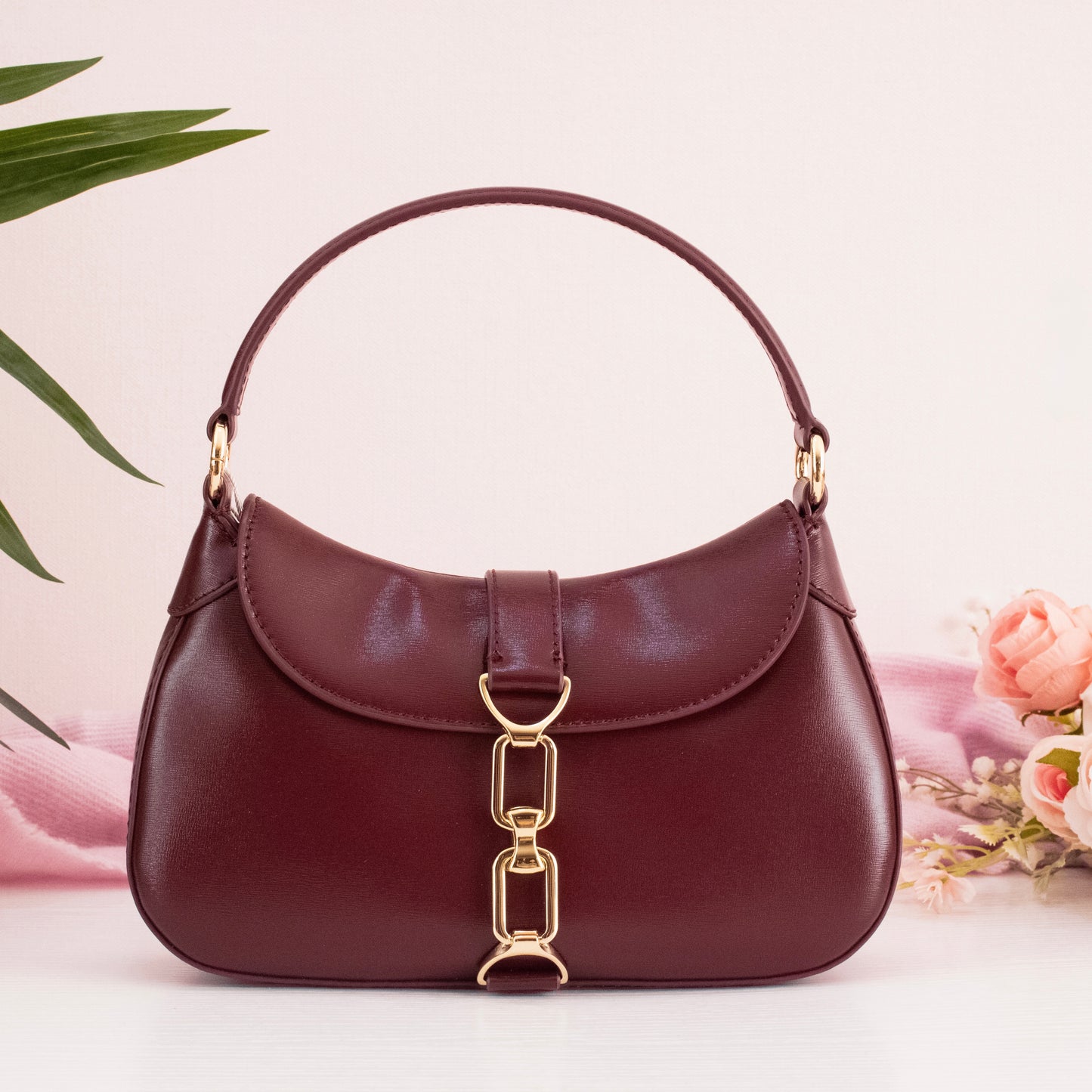 Agatha Chain-Accent Hobo Bag - Burgundy