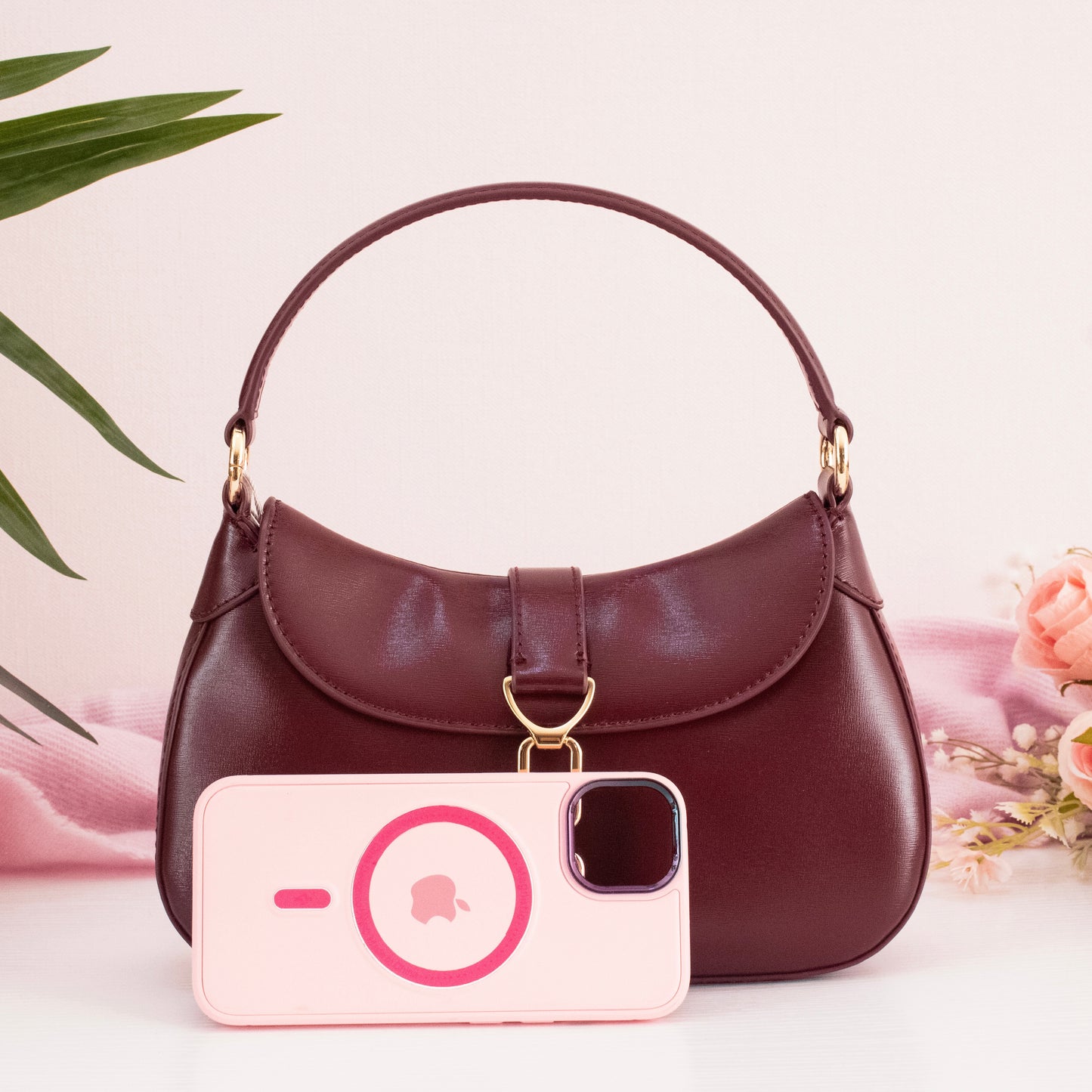 Agatha Chain-Accent Hobo Bag - Burgundy