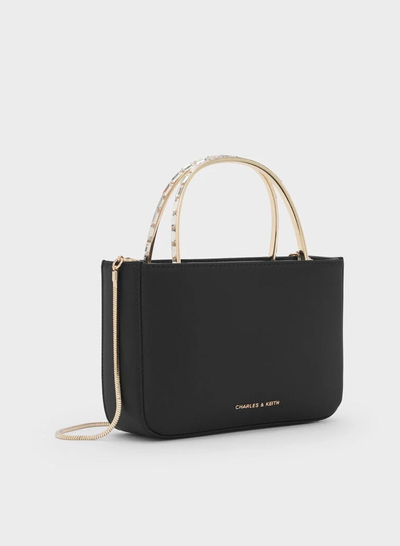 Satin Crystal-Embellished Top Handle Bag - Black