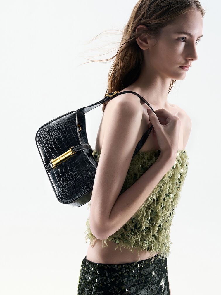 Cesia Croc-Effect Metallic-Accent Shoulder Bag - Black