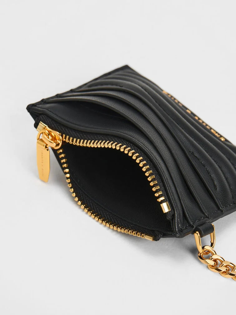 Aubrielle Stitch-Trim Zip Card Holder - Black