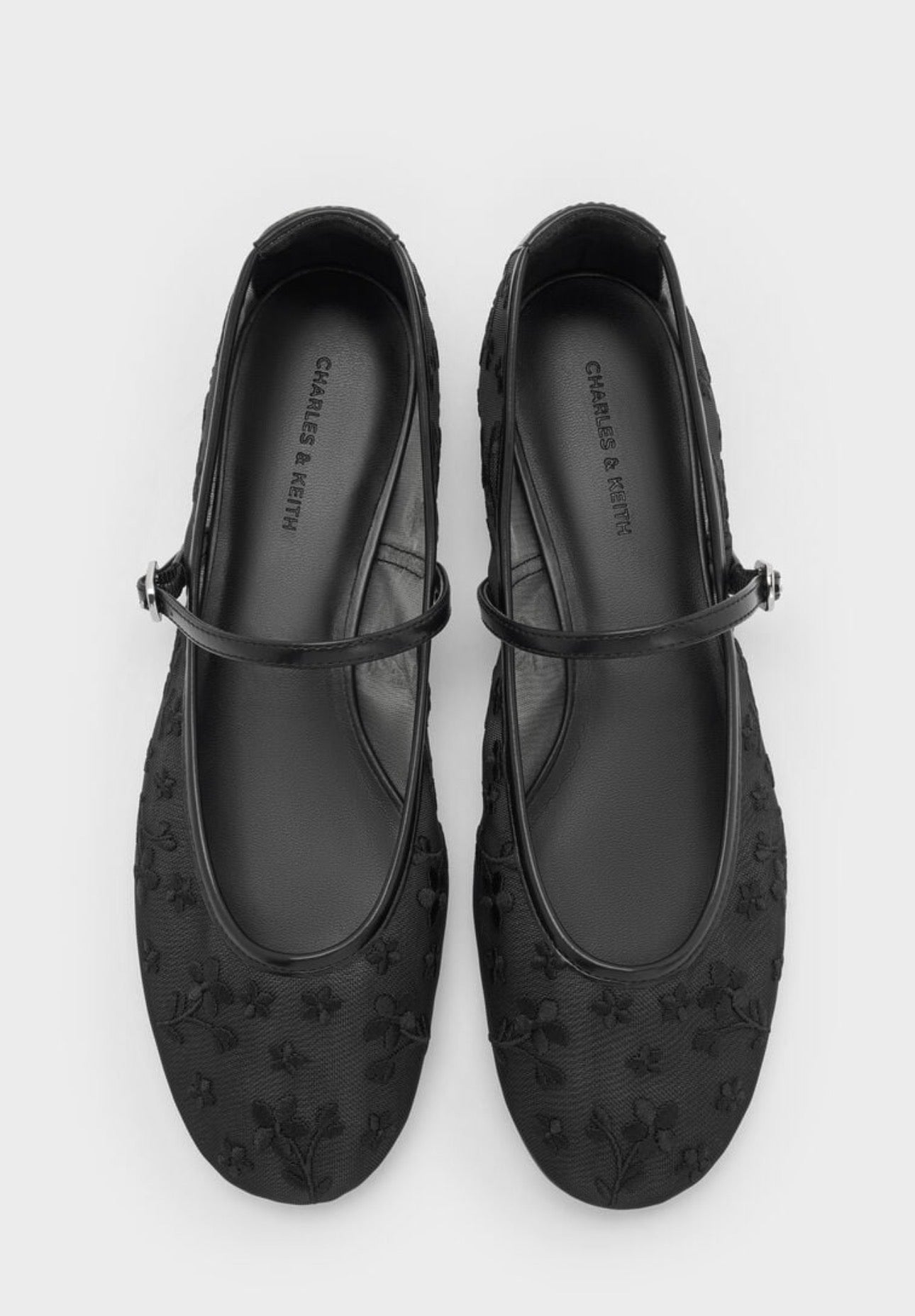 Gertrude Mesh Embroidered Floral Mary Janes - Black