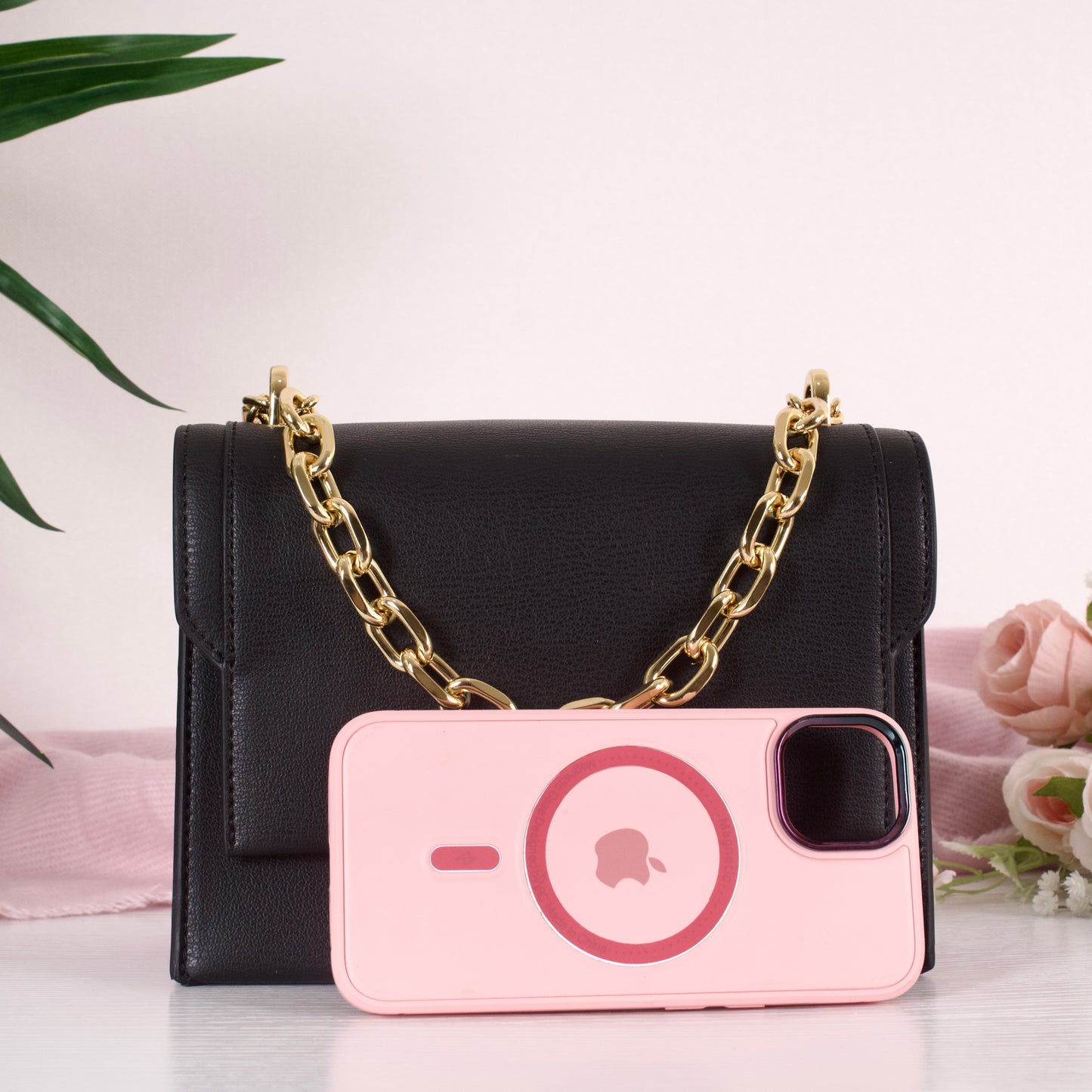 Front Flap Chain Handle Crossbody Bag – Black