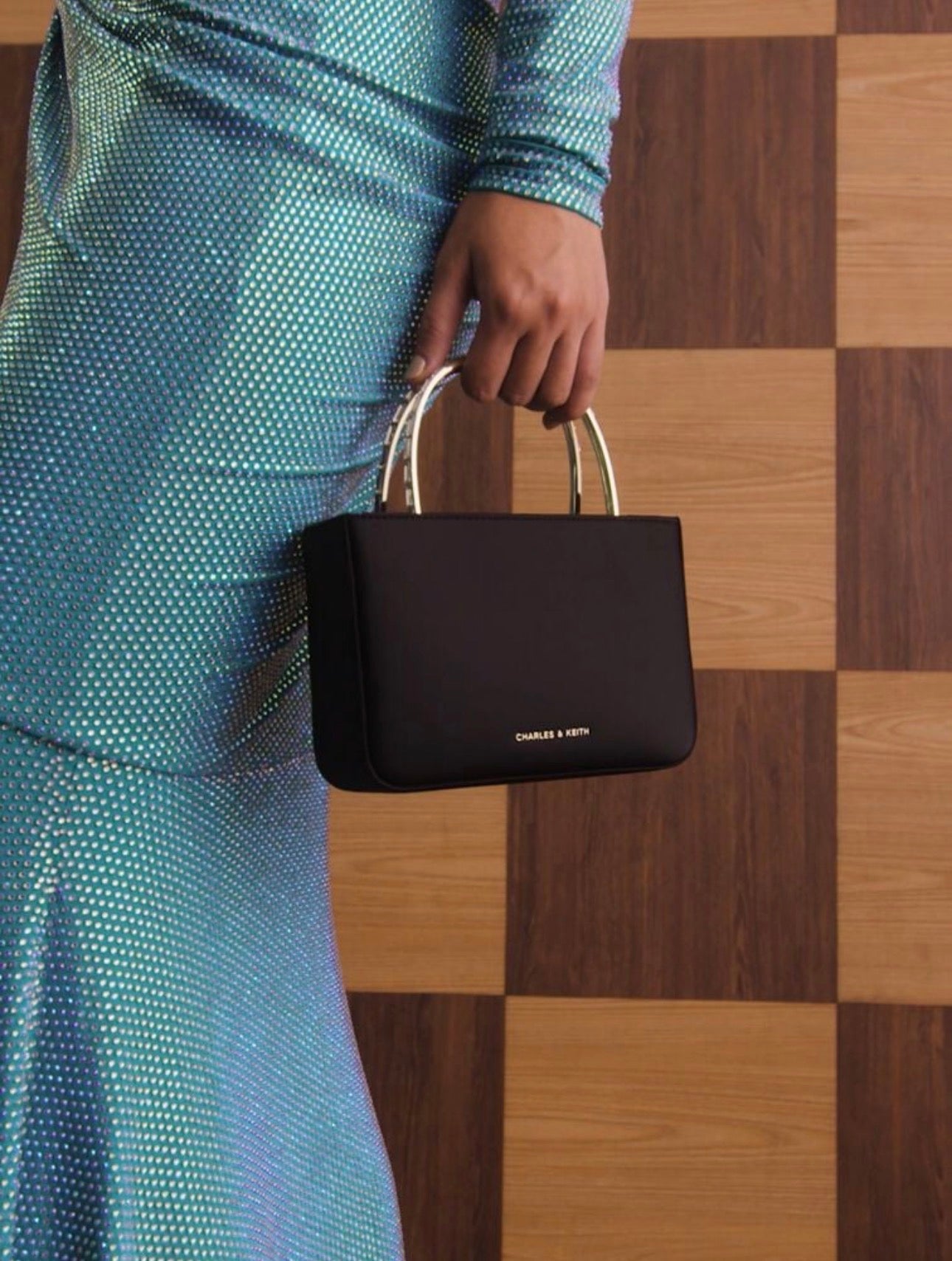 Satin Crystal-Embellished Top Handle Bag - Black