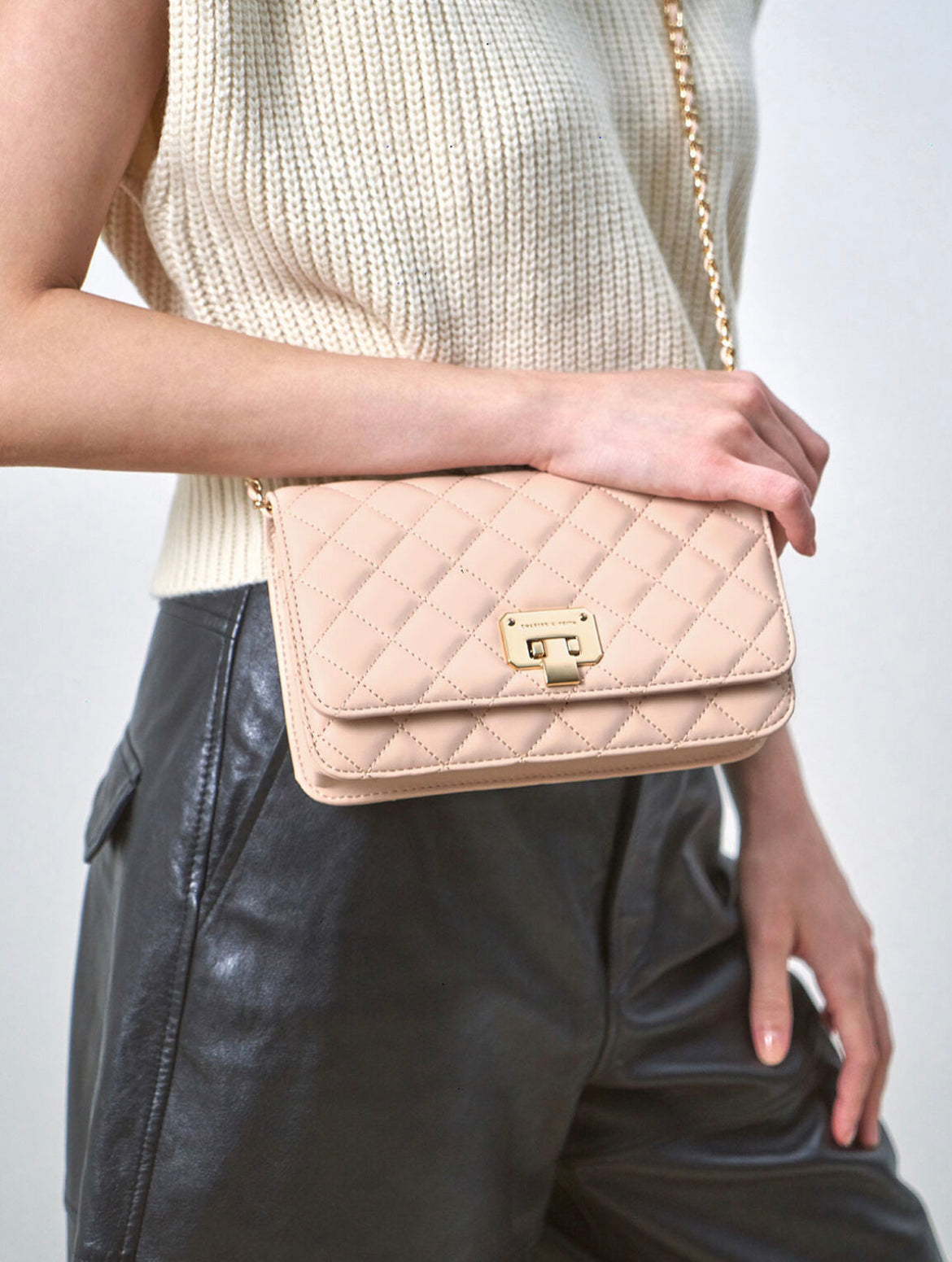 Quilted Flip-Lock Clutch - Nude