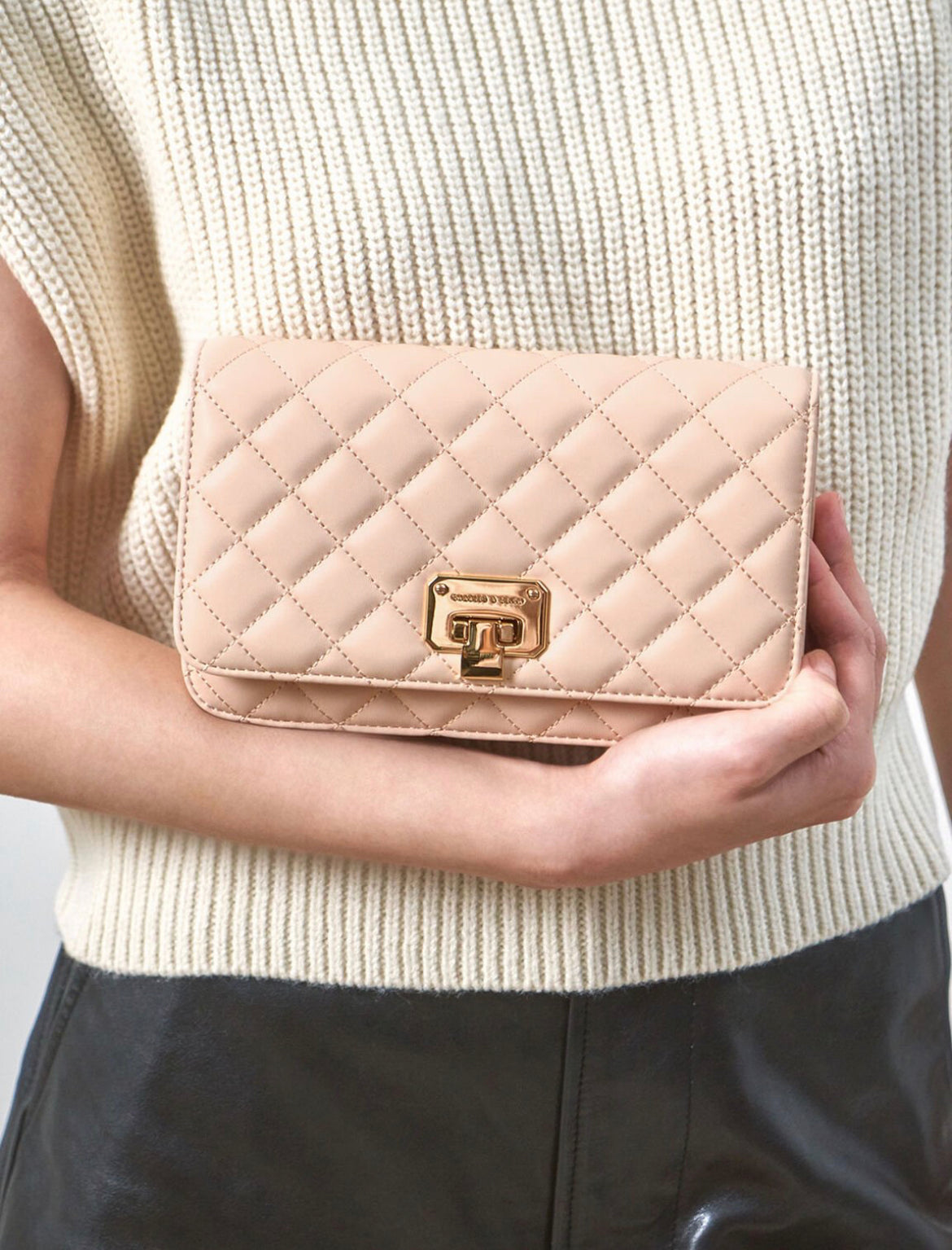 Quilted Flip-Lock Clutch - Nude