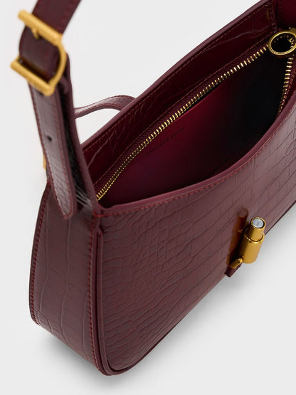 Cesia Croc-Effect Metallic-Accent Shoulder Bag - Burgundy