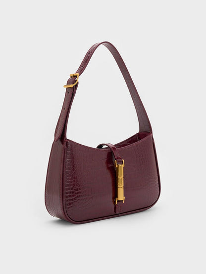 Cesia Croc-Effect Metallic-Accent Shoulder Bag - Burgundy
