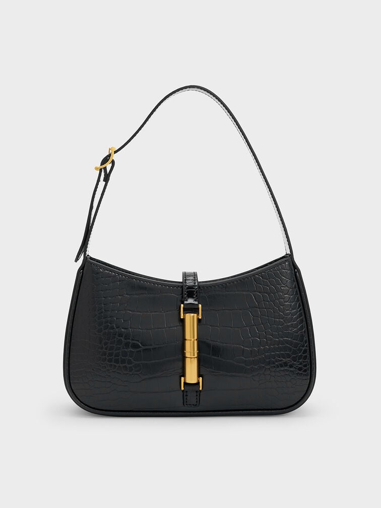 Cesia Croc-Effect Metallic-Accent Shoulder Bag - Black