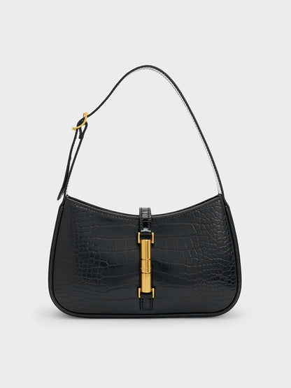 Cesia Croc-Effect Metallic-Accent Shoulder Bag - Black