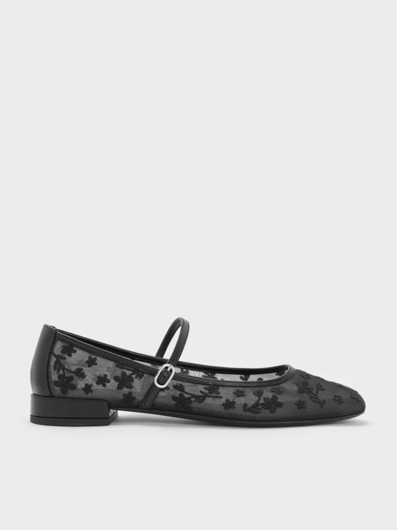 Gertrude Mesh Embroidered Floral Mary Janes - Black