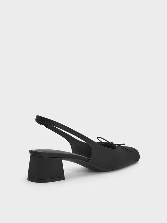 Sadira Satin Bow Square-Toe Slingback Pumps - Black Textured