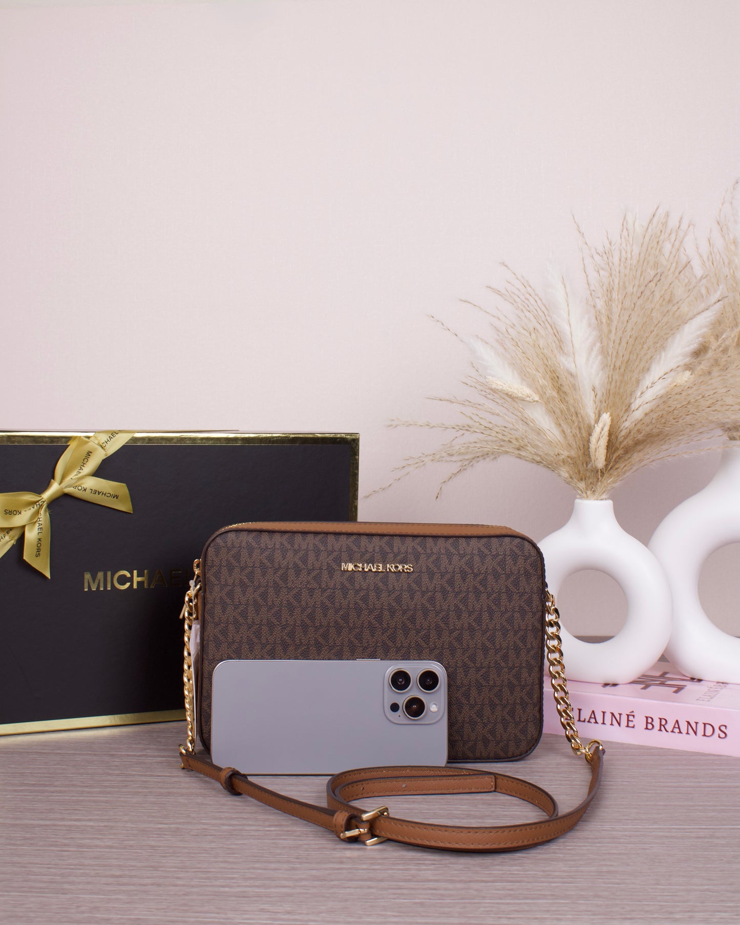 Jet Set Large Printed Logo Crossbody Bag- BROWN