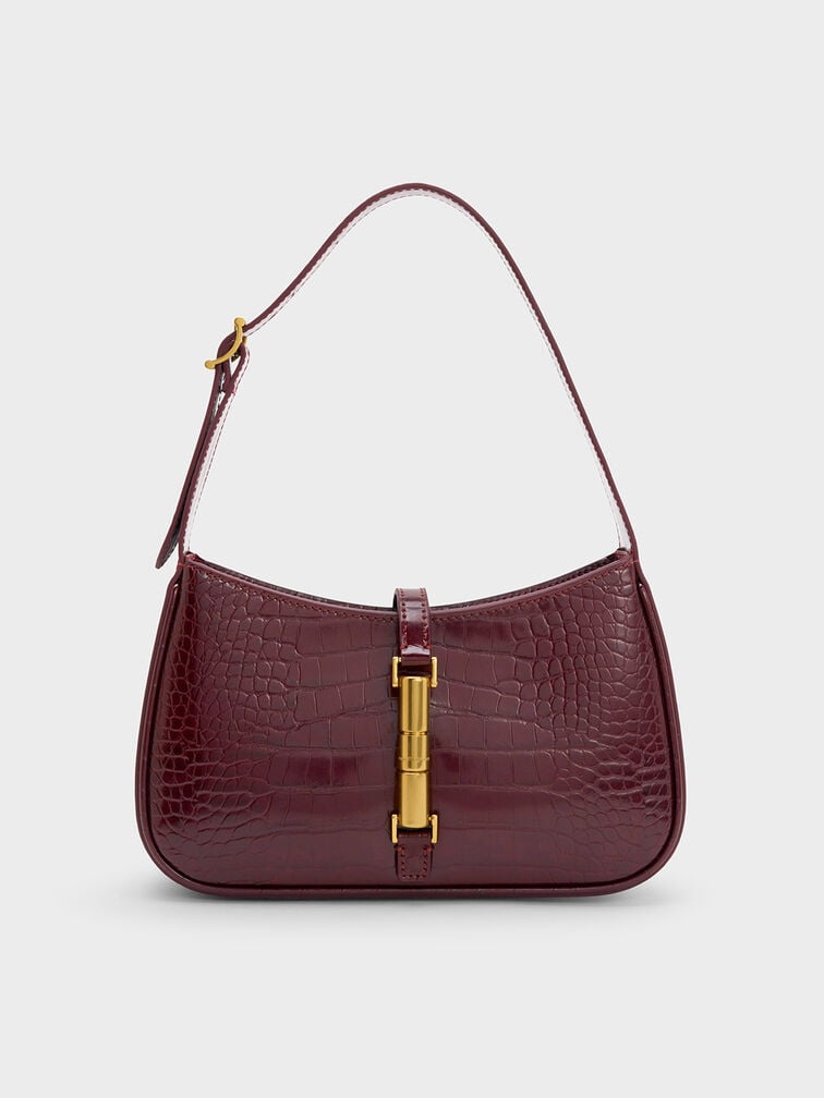 Cesia Croc-Effect Metallic-Accent Shoulder Bag - Burgundy