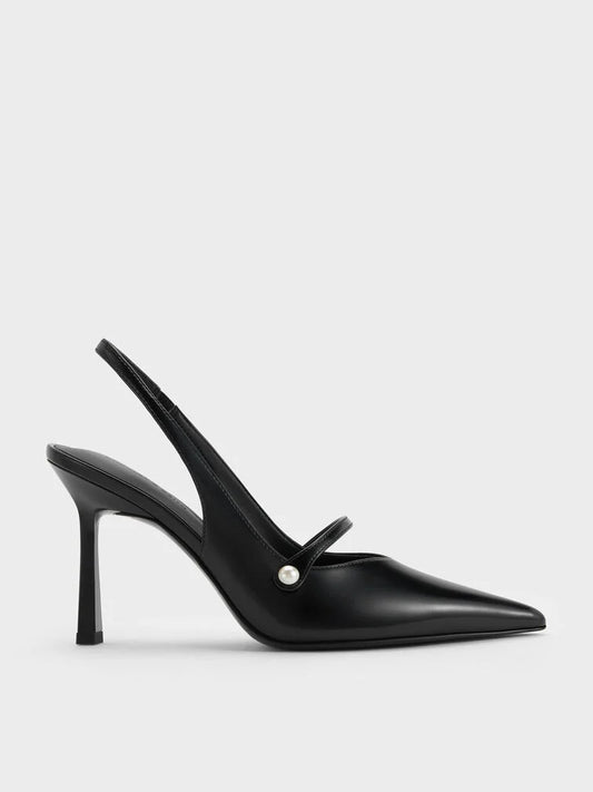 Helena Pearl-Buckle Pointed-Toe Slingback Pumps - Black Box