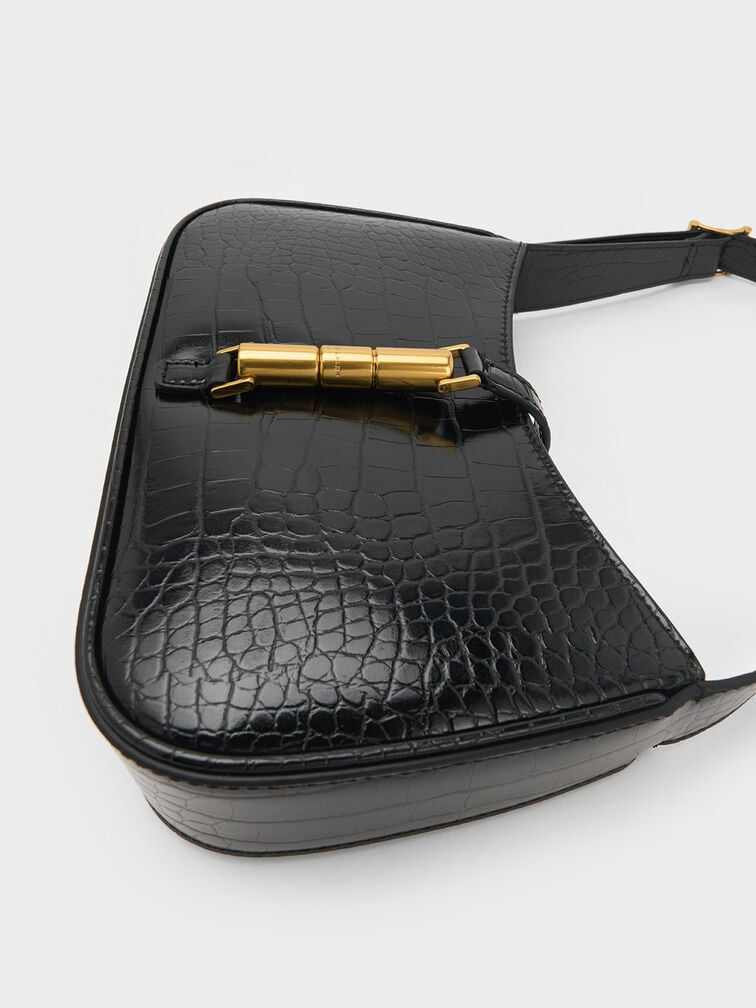 Cesia Croc-Effect Metallic-Accent Shoulder Bag - Black