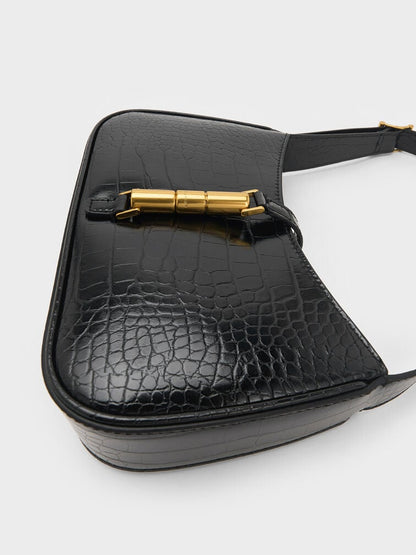 Cesia Croc-Effect Metallic-Accent Shoulder Bag - Black