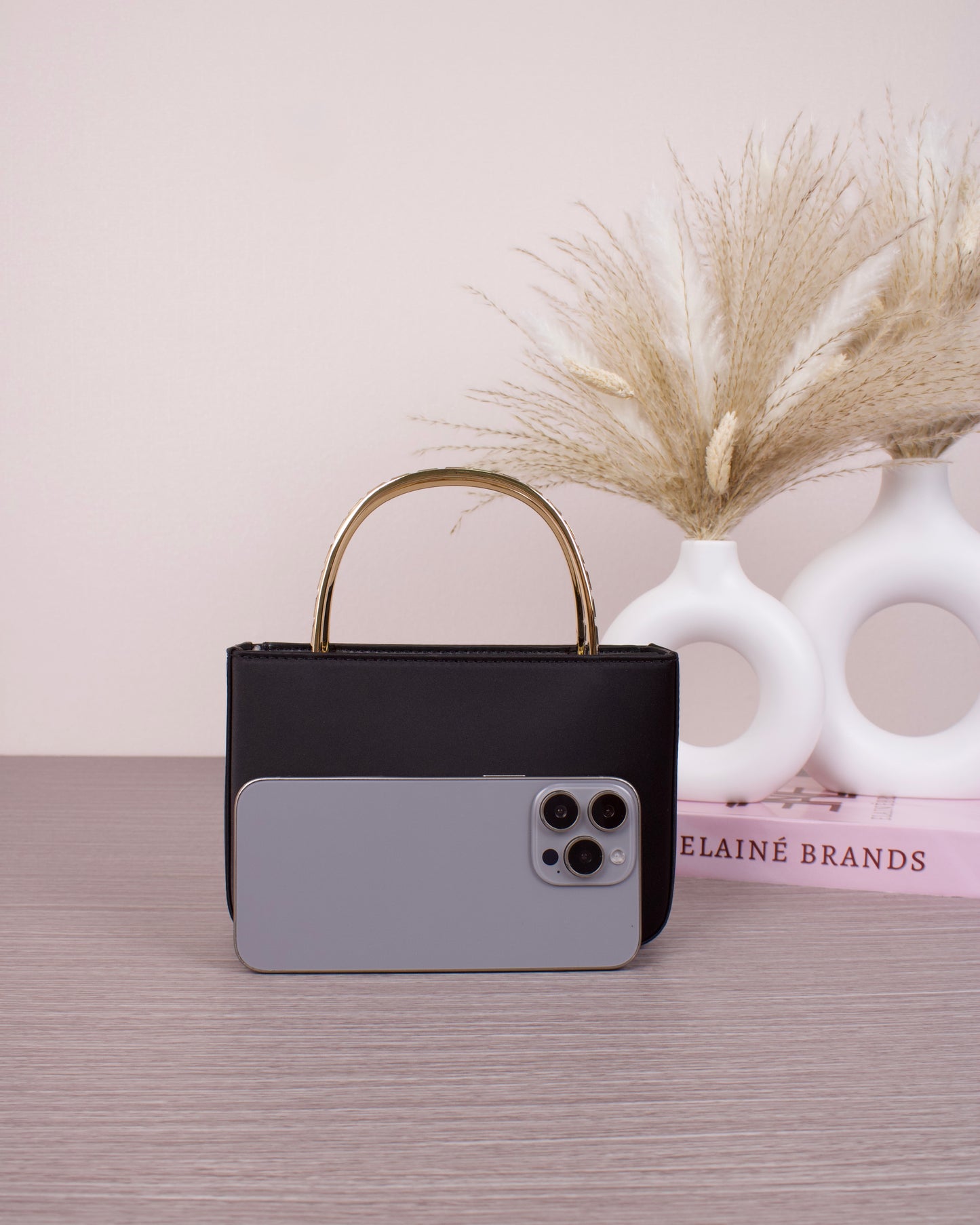 Satin Crystal-Embellished Top Handle Bag - Black