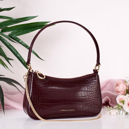 Elspeth Croc-Effect Chain-Link Shoulder Bag - Maroon Red Croco