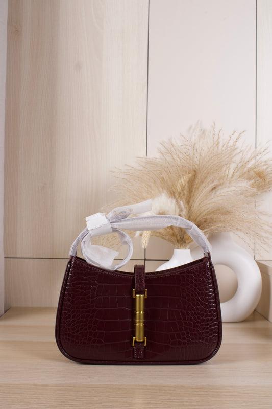 Cesia Croc-Effect Metallic-Accent Shoulder Bag - Burgundy