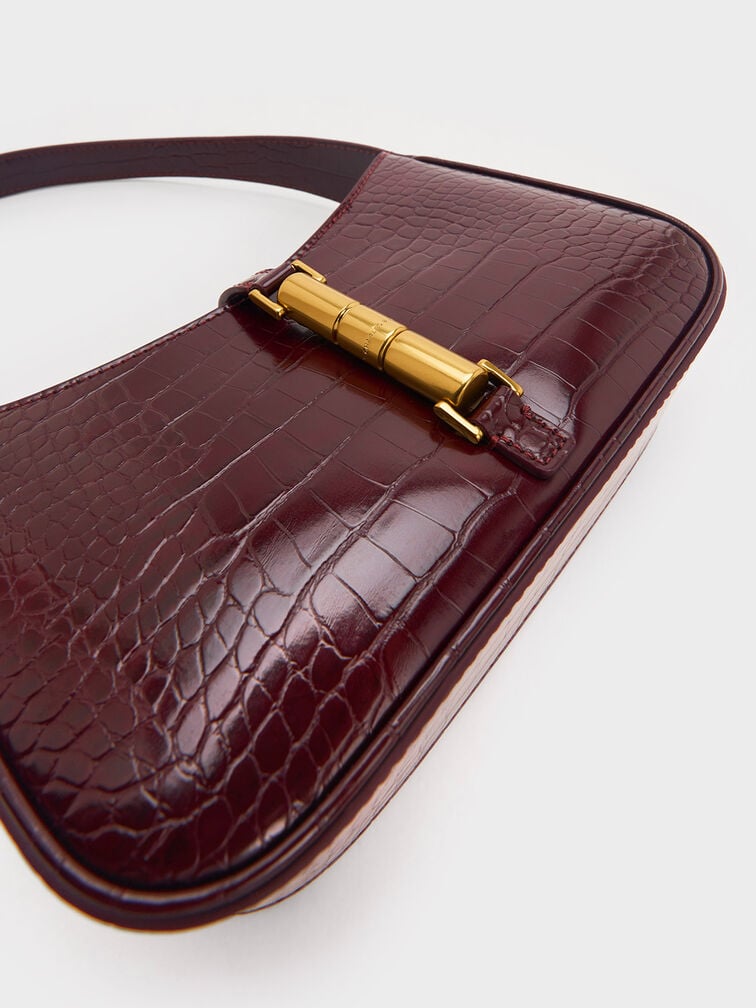 Cesia Croc-Effect Metallic-Accent Shoulder Bag - Burgundy