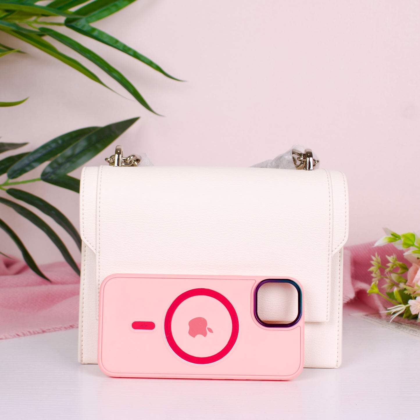 Front Flap Chain Handle Crossbody Bag - Cream