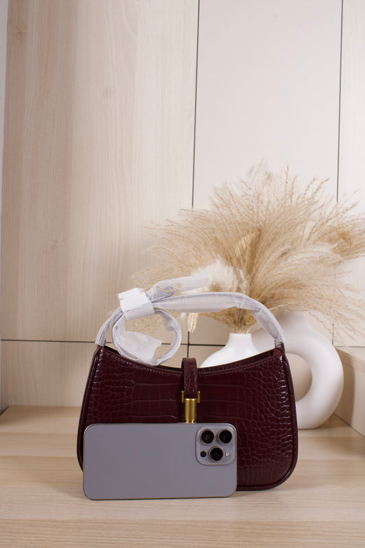 Cesia Croc-Effect Metallic-Accent Shoulder Bag - Burgundy