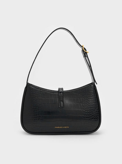 Cesia Croc-Effect Metallic-Accent Shoulder Bag - Black