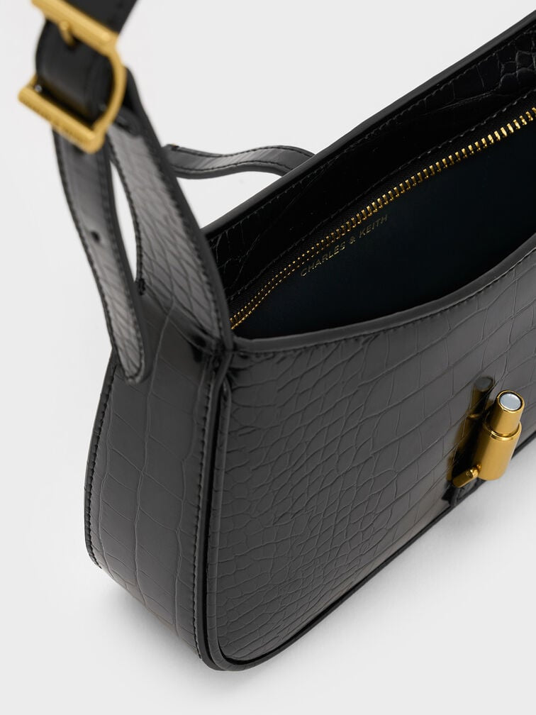 Cesia Croc-Effect Metallic-Accent Shoulder Bag - Black