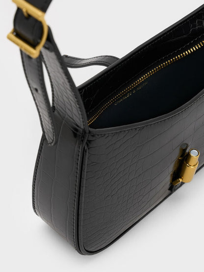 Cesia Croc-Effect Metallic-Accent Shoulder Bag - Black