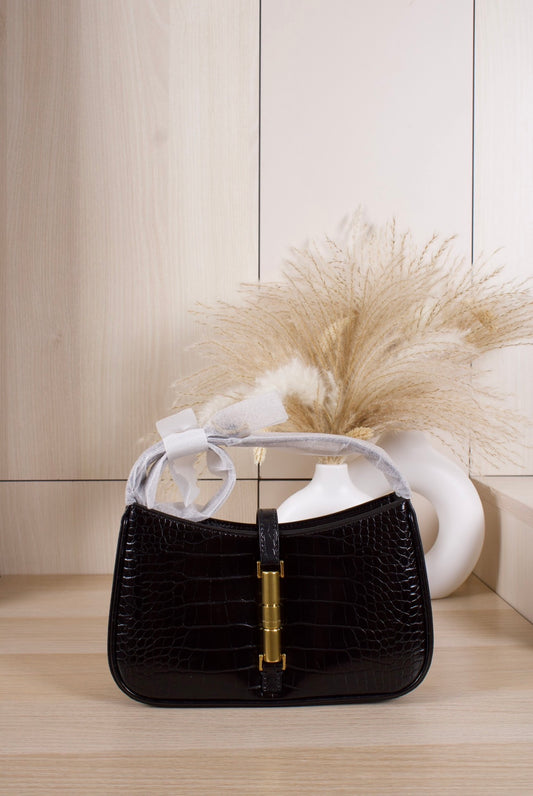 Cesia Croc-Effect Metallic-Accent Shoulder Bag - Black