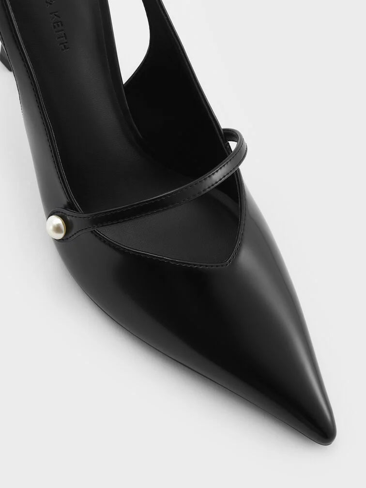 Helena Pearl-Buckle Pointed-Toe Slingback Pumps - Black Box