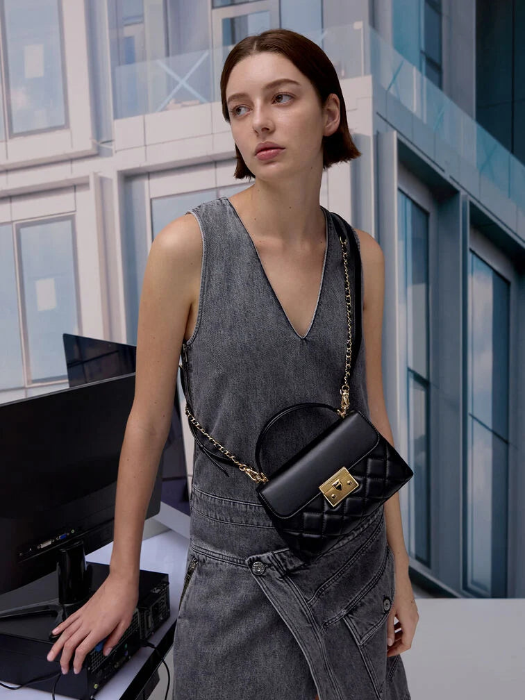 Alva Quilted Top Handle Bag - Black