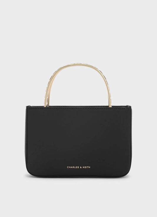 Satin Crystal-Embellished Top Handle Bag - Black