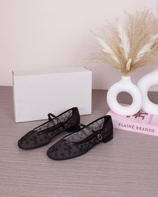 Gertrude Mesh Embroidered Floral Mary Janes - Black