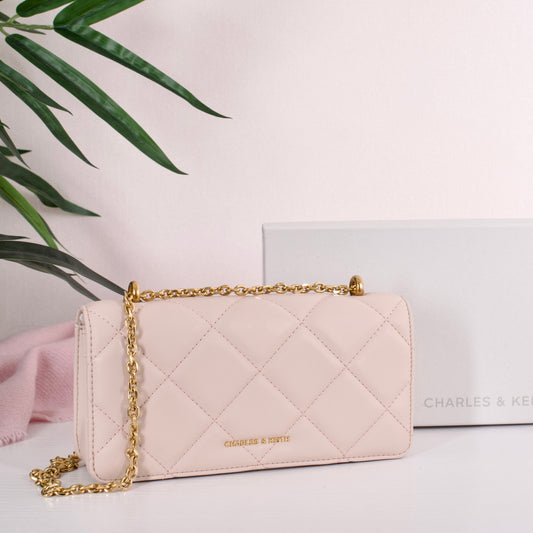 Paffuto Chain Handle Quilted Long Wallet - Light Pink