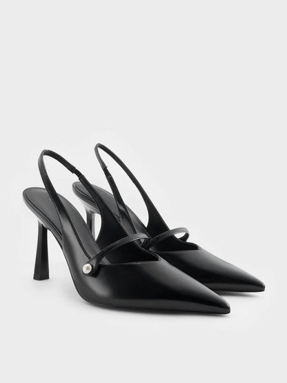 Helena Pearl-Buckle Pointed-Toe Slingback Pumps - Black Box