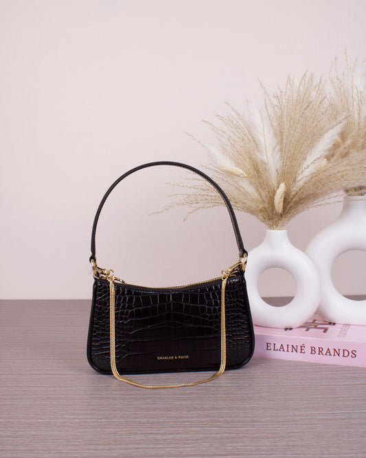 Elspeth Croc-Effect Chain-Link Shoulder Bag - Black Croco