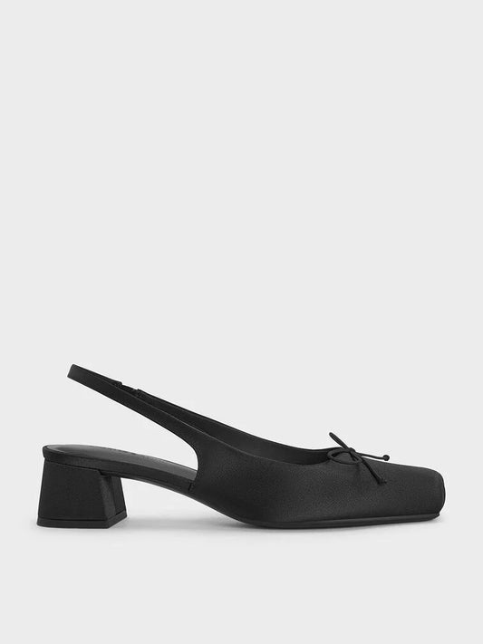 Sadira Satin Bow Square-Toe Slingback Pumps - Black Textured