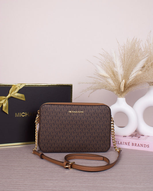 Jet Set Large Printed Logo Crossbody Bag- BROWN