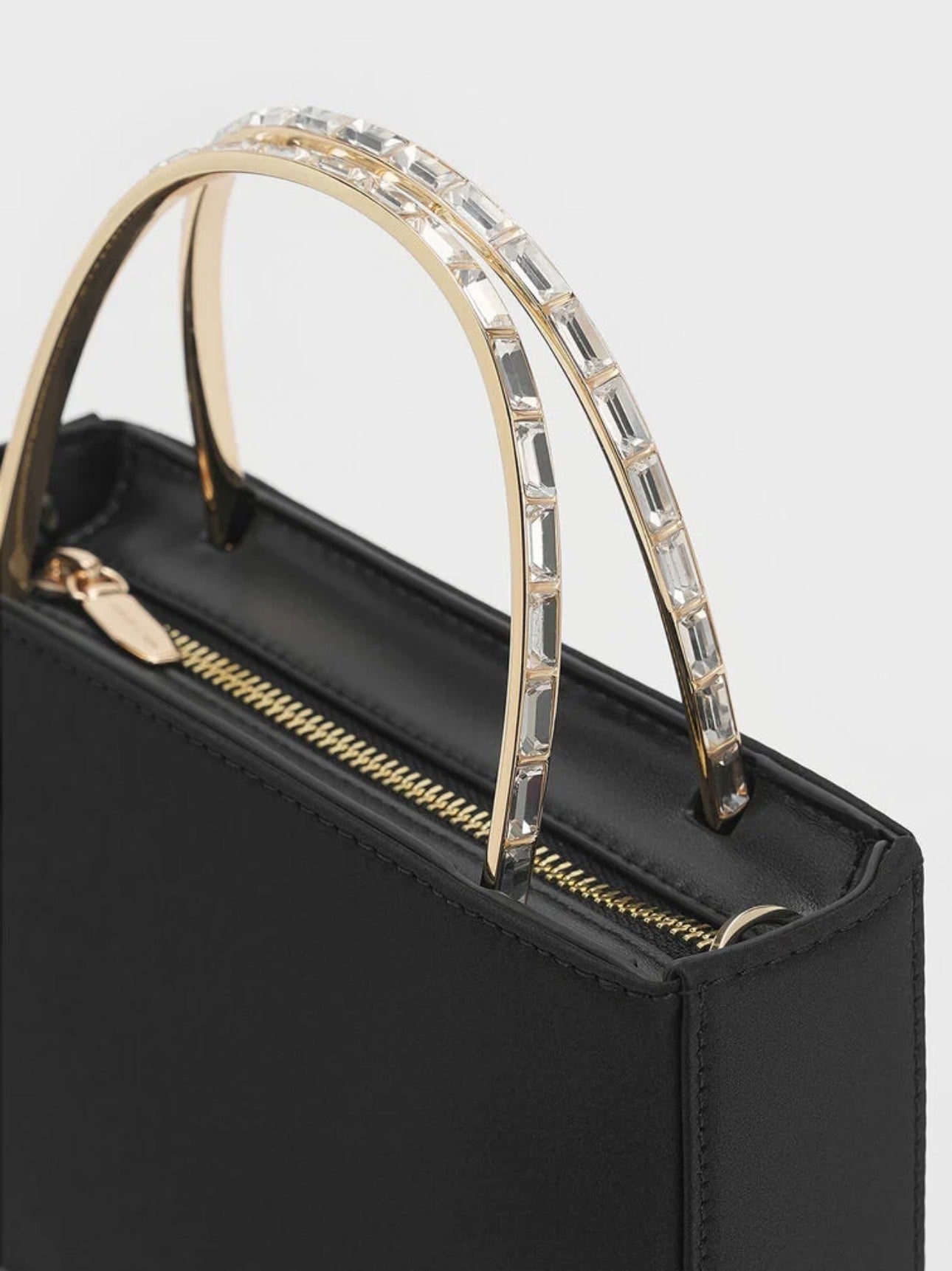 Satin Crystal-Embellished Top Handle Bag - Black