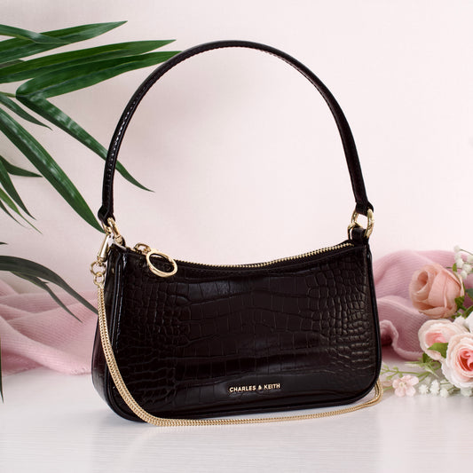 Elspeth Croc-Effect Chain-Link Shoulder Bag - Black Croco