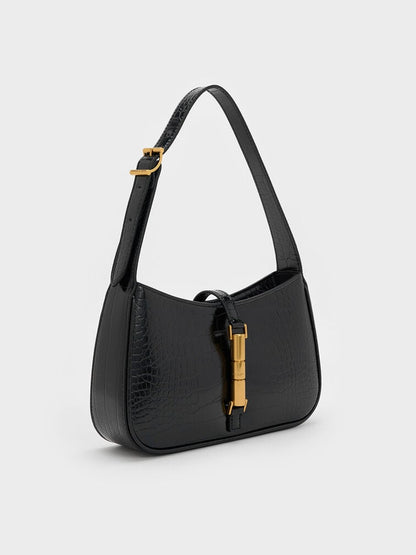 Cesia Croc-Effect Metallic-Accent Shoulder Bag - Black