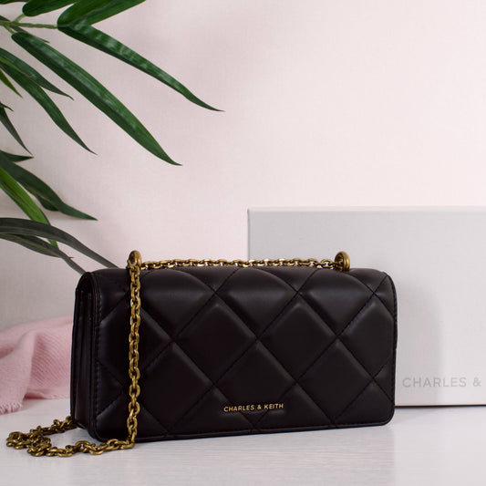 Paffuto Chain Handle Quilted Long Wallet - Black