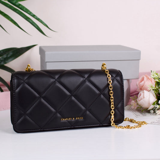 Paffuto Chain Handle Quilted Long Wallet - Black